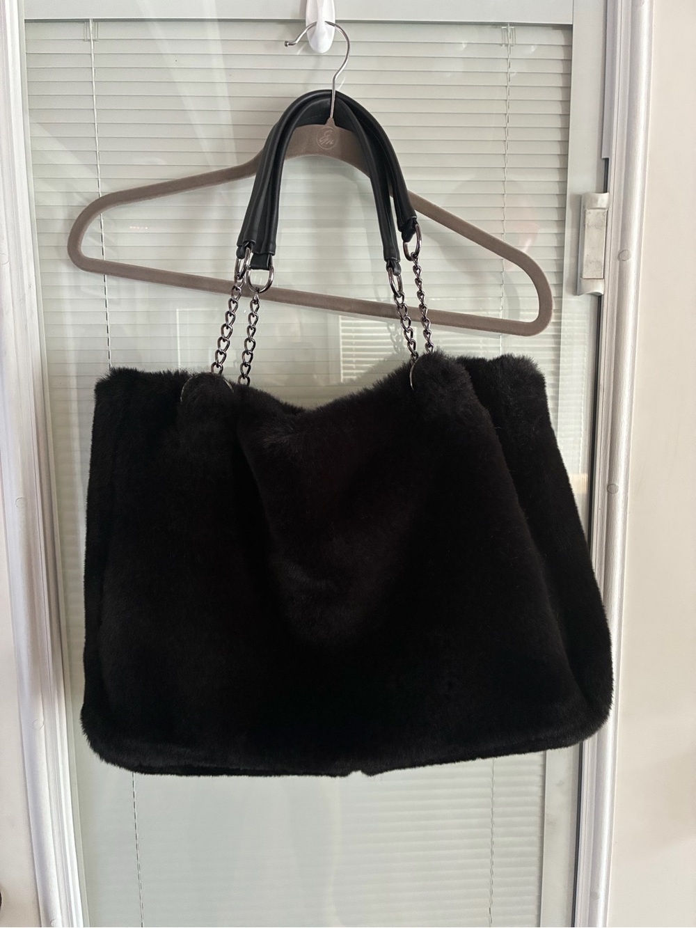 Black Faux Fur Tote with Chain and Leather Handles